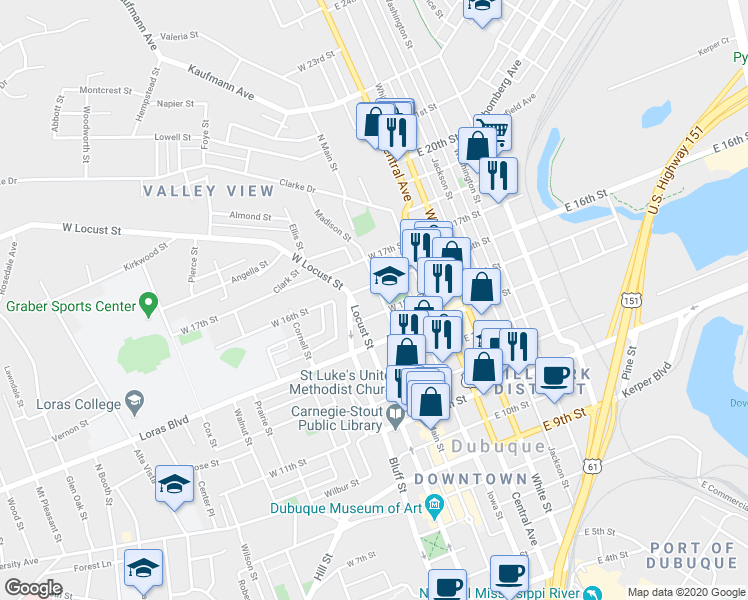 map of restaurants, bars, coffee shops, grocery stores, and more near 1555 Main St in Dubuque
