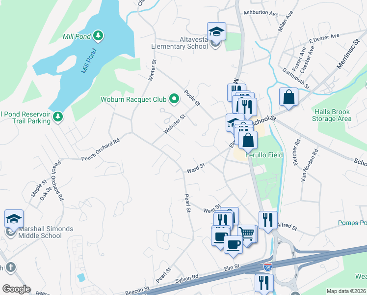 map of restaurants, bars, coffee shops, grocery stores, and more near 38970 Earl Stokes Cir in Woburn