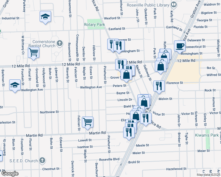 map of restaurants, bars, coffee shops, grocery stores, and more near 17814 Peters Street in Roseville