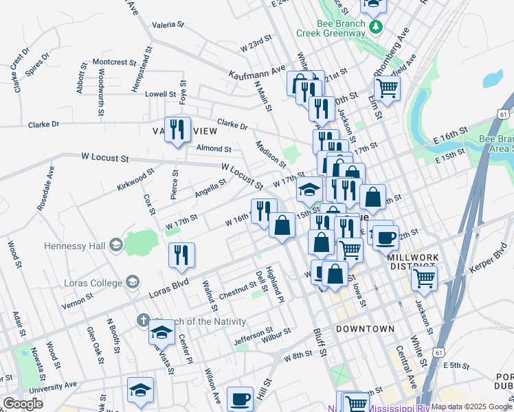 map of restaurants, bars, coffee shops, grocery stores, and more near 431 W 16th St in Dubuque