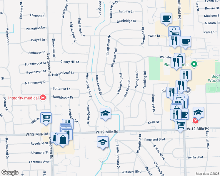map of restaurants, bars, coffee shops, grocery stores, and more near 29691 Spring-River Drive in Southfield