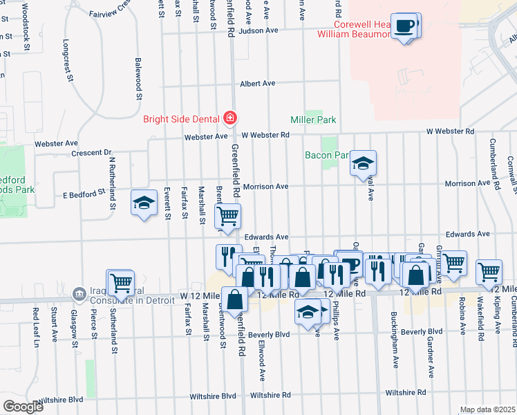 map of restaurants, bars, coffee shops, grocery stores, and more near 3876 Ellwood Avenue in Berkley