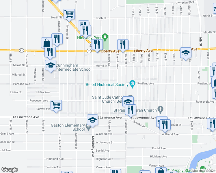 map of restaurants, bars, coffee shops, grocery stores, and more near 852 Moore Street in Beloit