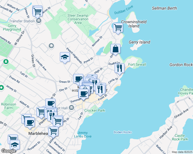 map of restaurants, bars, coffee shops, grocery stores, and more near 41 Washington Street in Marblehead