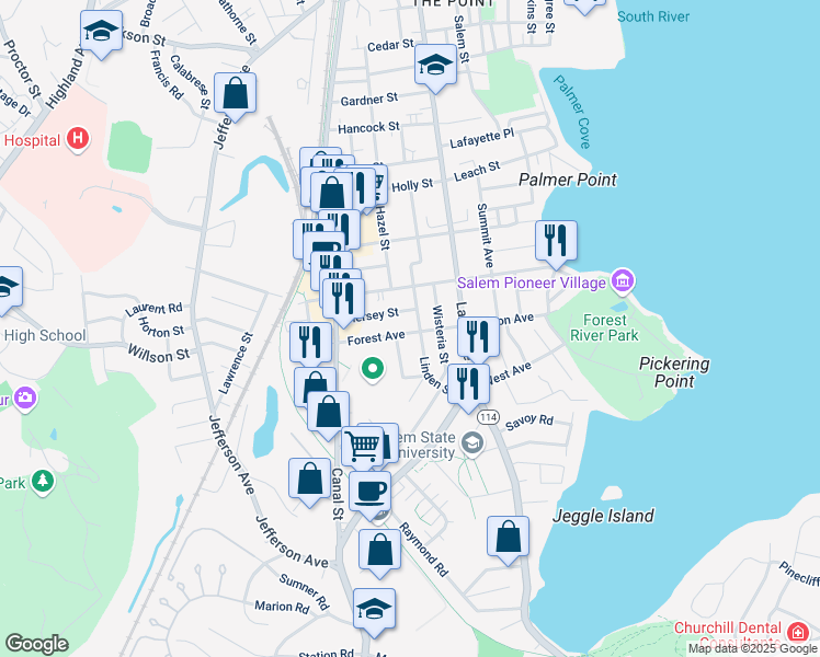 map of restaurants, bars, coffee shops, grocery stores, and more near 54 Linden Street in Salem