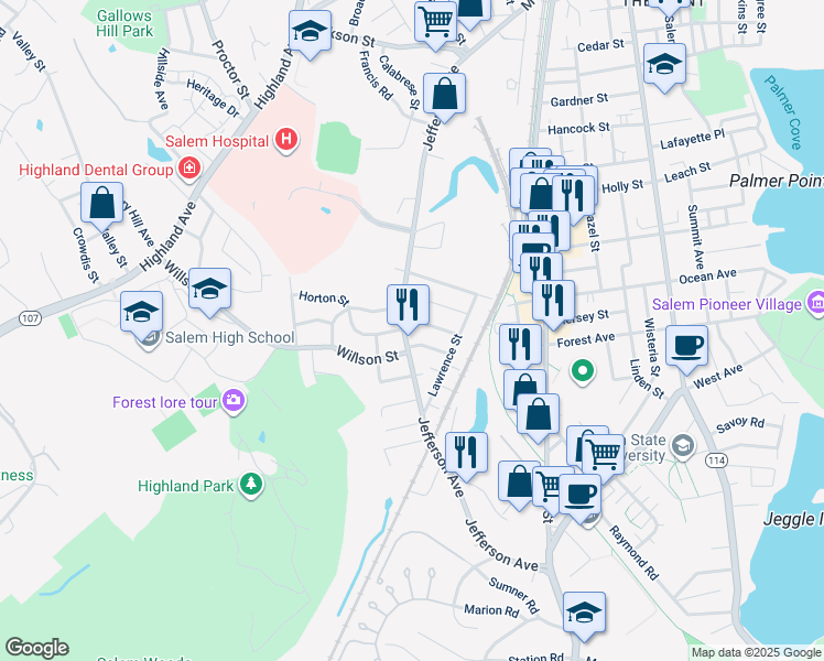 map of restaurants, bars, coffee shops, grocery stores, and more near 236 Jefferson Avenue in Salem