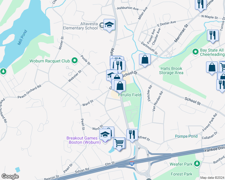map of restaurants, bars, coffee shops, grocery stores, and more near 81 Elm Street in Woburn