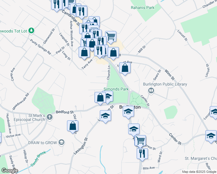 map of restaurants, bars, coffee shops, grocery stores, and more near 17 Church Lane in Burlington
