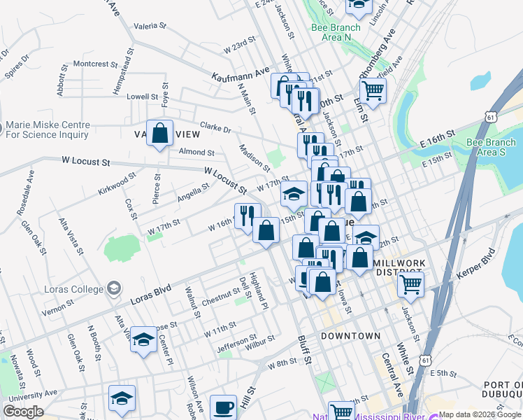 map of restaurants, bars, coffee shops, grocery stores, and more near 1599 Bluff Street in Dubuque