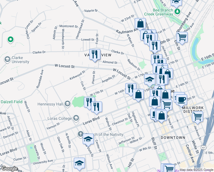 map of restaurants, bars, coffee shops, grocery stores, and more near 585 West 17th Street in Dubuque