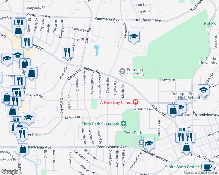 map of restaurants, bars, coffee shops, grocery stores, and more near 2096 Chaney Road in Dubuque