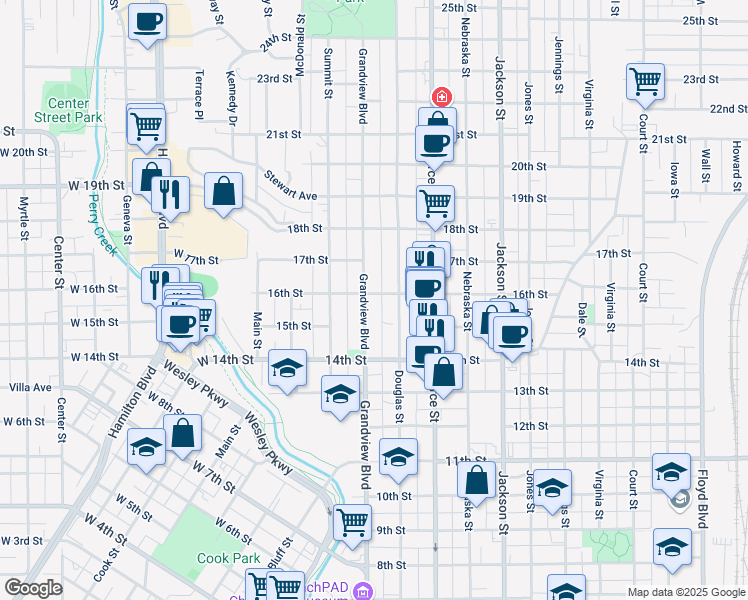 map of restaurants, bars, coffee shops, grocery stores, and more near 1524 Grandview Boulevard in Sioux City