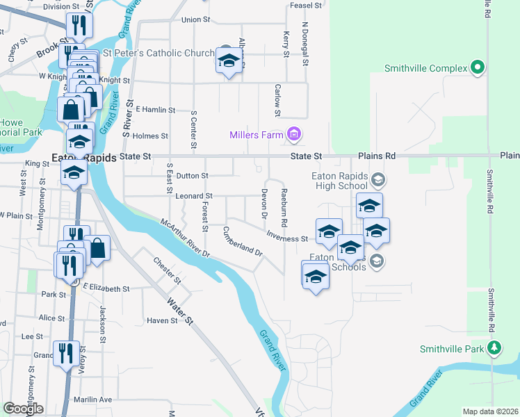 map of restaurants, bars, coffee shops, grocery stores, and more near 602 Devon Drive in Eaton Rapids