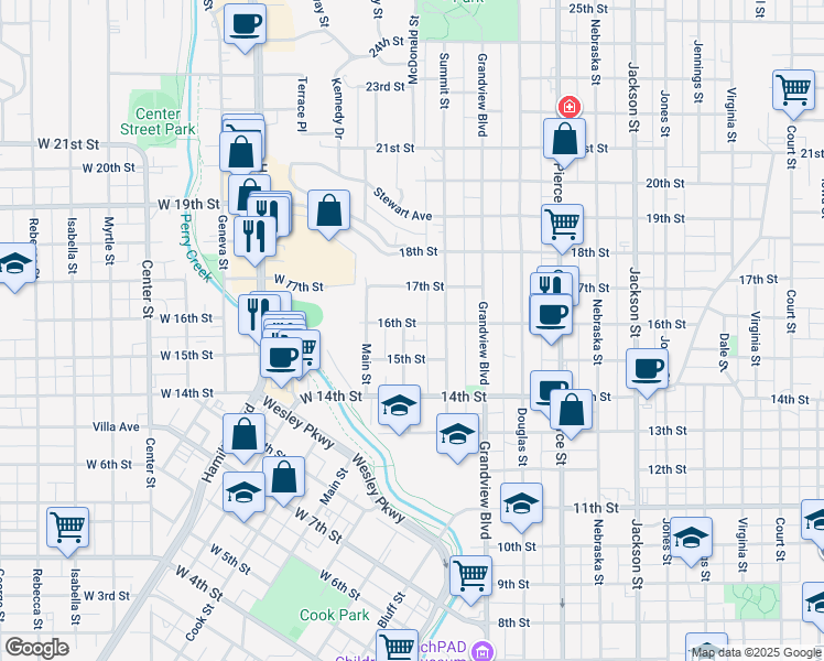 map of restaurants, bars, coffee shops, grocery stores, and more near 102 West 16th Street in Sioux City