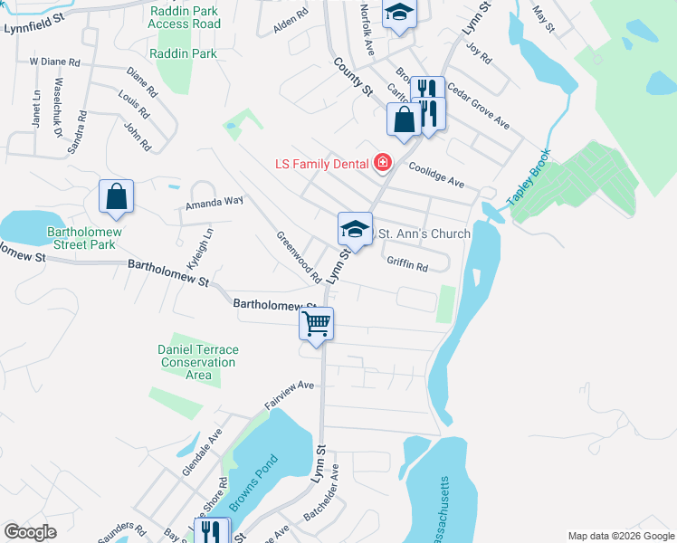 map of restaurants, bars, coffee shops, grocery stores, and more near 160 Lynn Street in Peabody