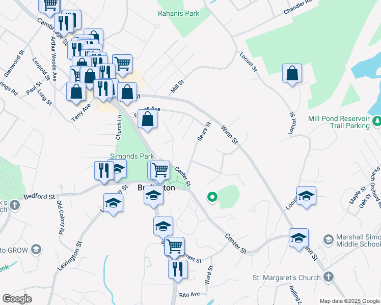map of restaurants, bars, coffee shops, grocery stores, and more near 15 Sears Street in Burlington