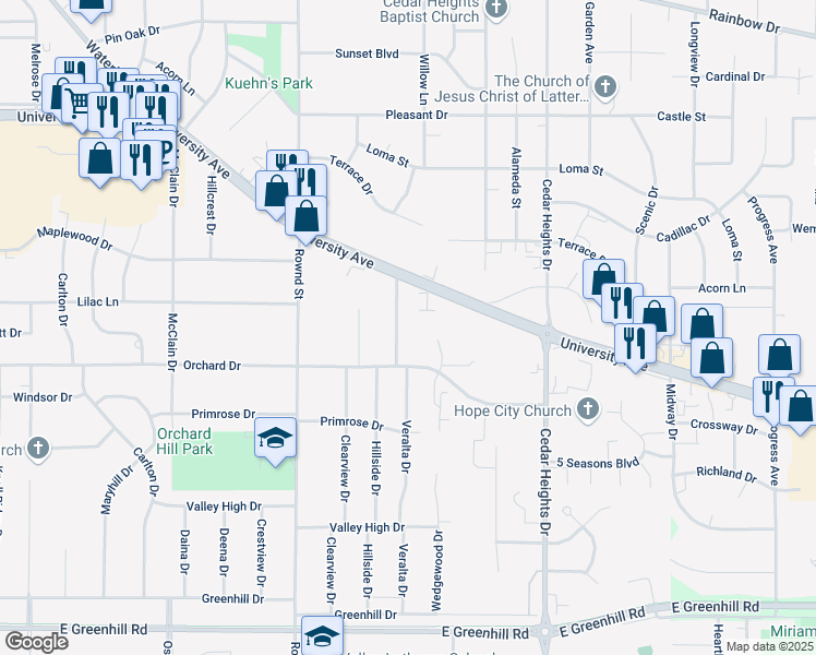 map of restaurants, bars, coffee shops, grocery stores, and more near 3422 Veralta Drive in Cedar Falls