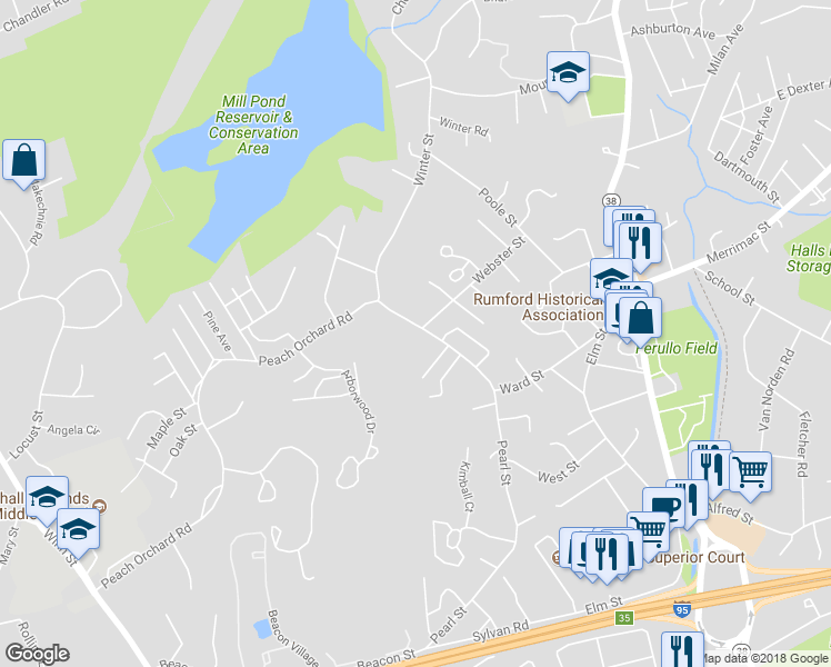 map of restaurants, bars, coffee shops, grocery stores, and more near 116 Pearl Street in Woburn