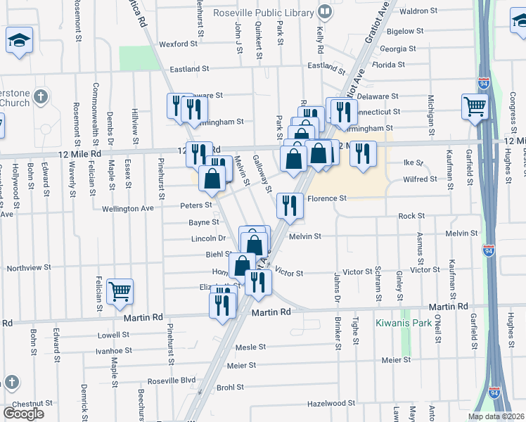 map of restaurants, bars, coffee shops, grocery stores, and more near 28640 Melvin Street in Roseville
