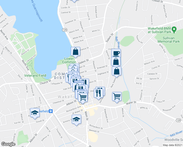 map of restaurants, bars, coffee shops, grocery stores, and more near 29 Park Street in Wakefield