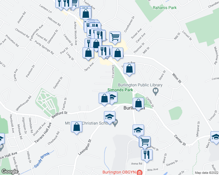 map of restaurants, bars, coffee shops, grocery stores, and more near 17 Church Lane in Burlington