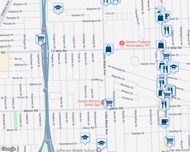 map of restaurants, bars, coffee shops, grocery stores, and more near 28912 Jane Street in St. Clair Shores