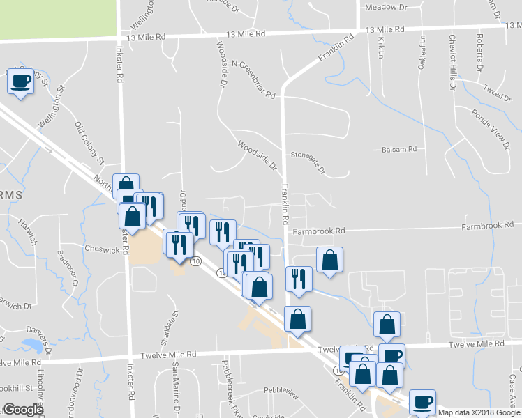 map of restaurants, bars, coffee shops, grocery stores, and more near 26721 Farmbrook Villa Drive in Southfield