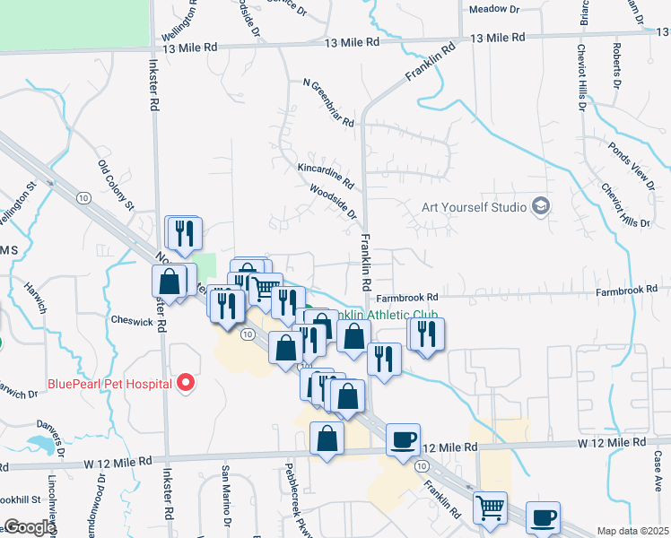 map of restaurants, bars, coffee shops, grocery stores, and more near 26721 Farmbrook Villa Drive in Southfield