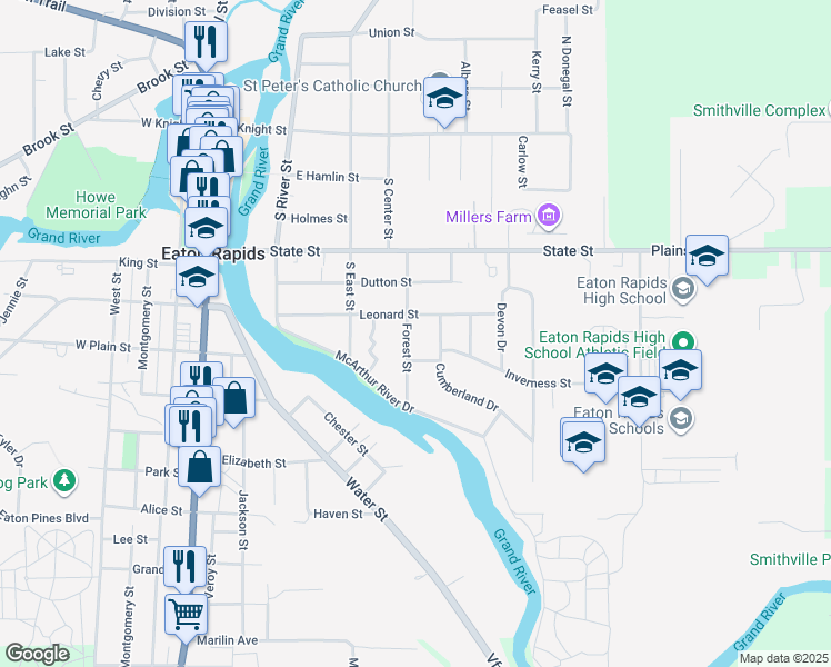 map of restaurants, bars, coffee shops, grocery stores, and more near 603 Forest Street in Eaton Rapids