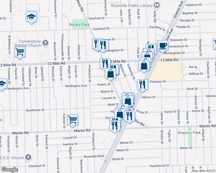 map of restaurants, bars, coffee shops, grocery stores, and more near 17964 Peters Street in Roseville