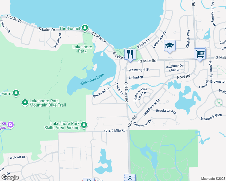 map of restaurants, bars, coffee shops, grocery stores, and more near 2325 Austin Drive in Novi