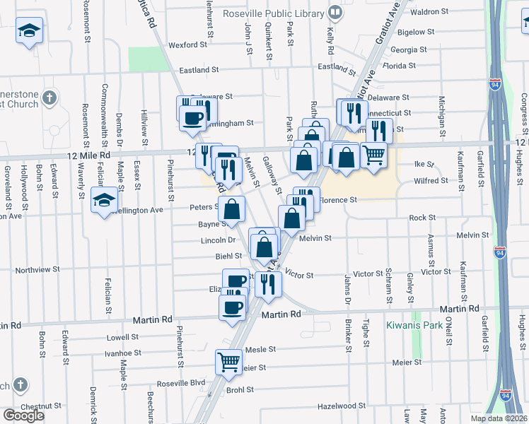 map of restaurants, bars, coffee shops, grocery stores, and more near 28640 Melvin Street in Roseville