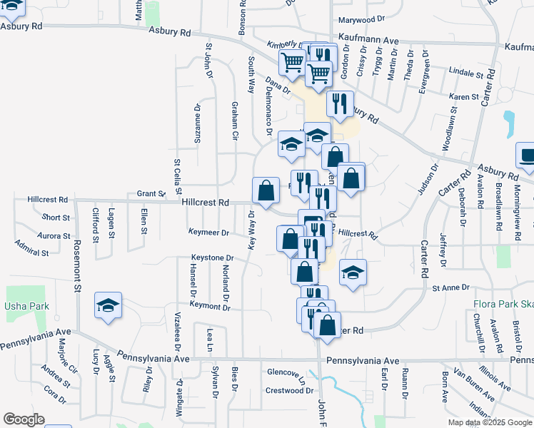 map of restaurants, bars, coffee shops, grocery stores, and more near 3460 Hillcrest Road in Dubuque