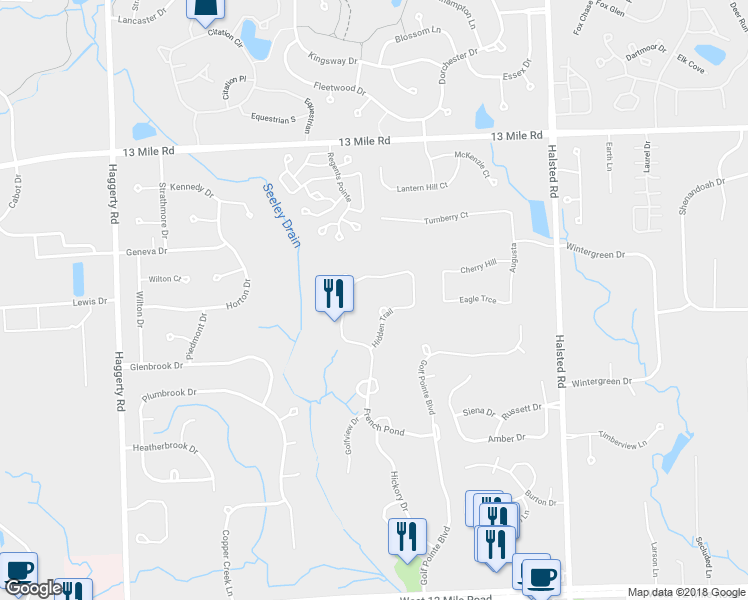 map of restaurants, bars, coffee shops, grocery stores, and more near 28892 Hidden Trail in Farmington Hills