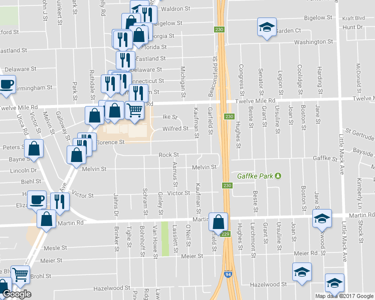 map of restaurants, bars, coffee shops, grocery stores, and more near 19405 Rock Street in Roseville