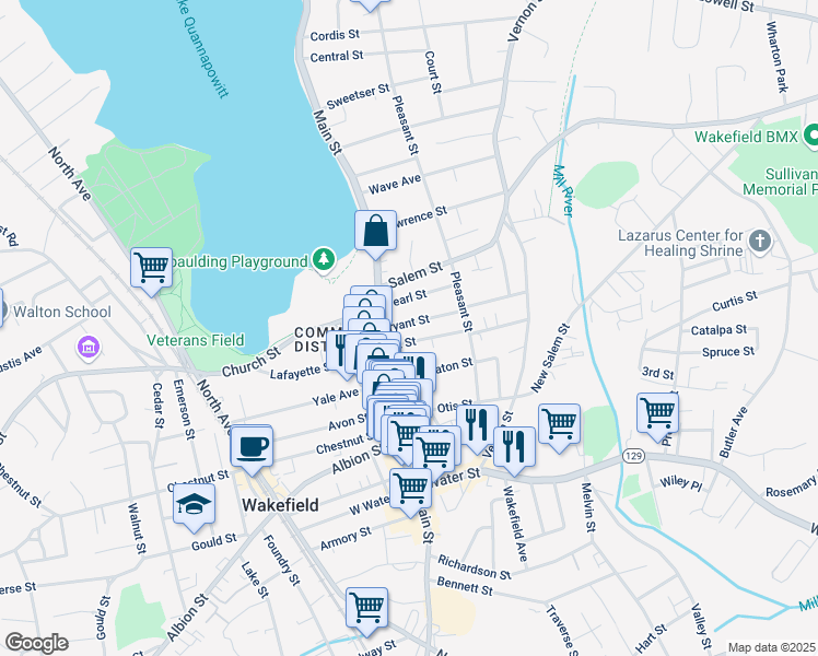map of restaurants, bars, coffee shops, grocery stores, and more near 16 Bryant Street in Wakefield