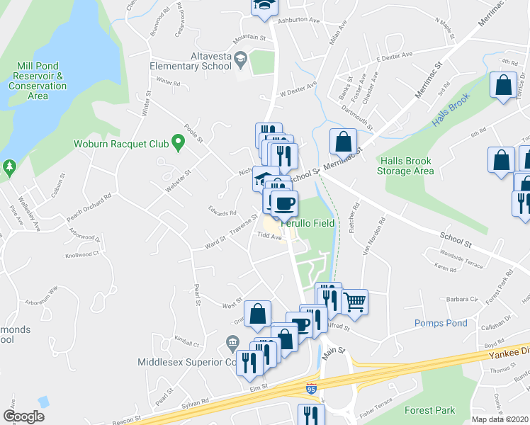 map of restaurants, bars, coffee shops, grocery stores, and more near 75 Elm Street in Woburn