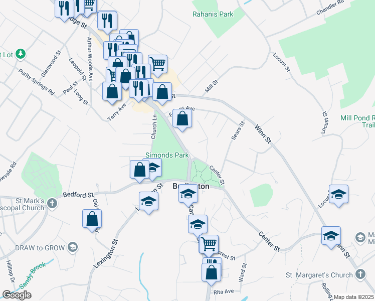 map of restaurants, bars, coffee shops, grocery stores, and more near 1 Center Street in Burlington