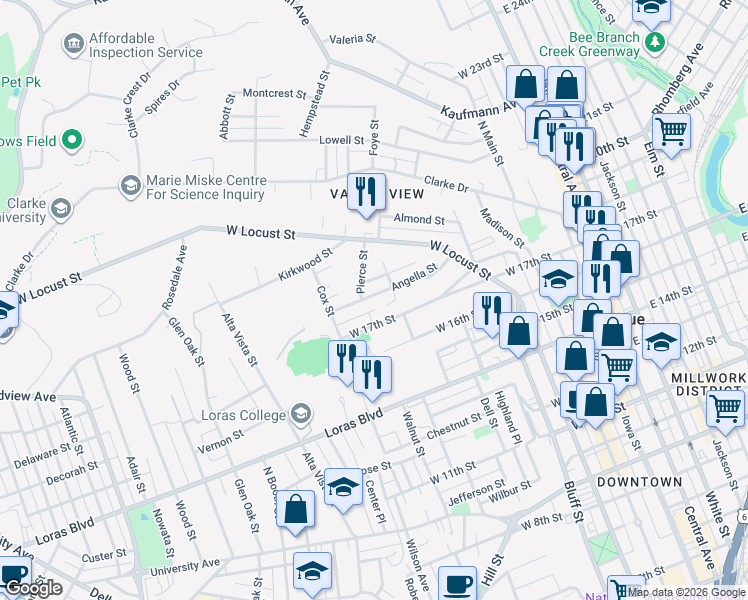 map of restaurants, bars, coffee shops, grocery stores, and more near 670 Angella Street in Dubuque