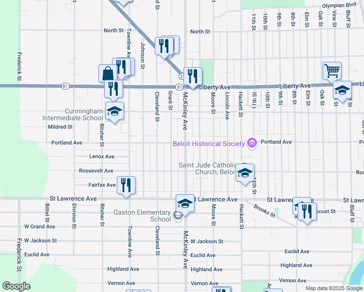 map of restaurants, bars, coffee shops, grocery stores, and more near 1502 Portland Avenue in Beloit