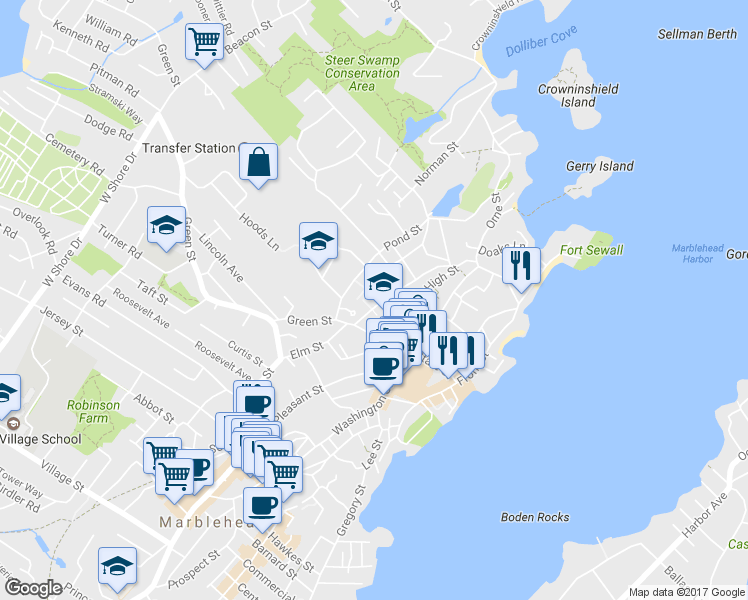 map of restaurants, bars, coffee shops, grocery stores, and more near 49-51 Elm Street in Marblehead