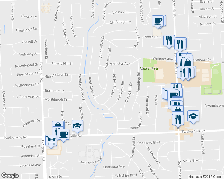map of restaurants, bars, coffee shops, grocery stores, and more near 29661 Chelmsford Road in Southfield