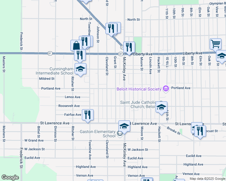 map of restaurants, bars, coffee shops, grocery stores, and more near 1604 Portland Avenue in Beloit