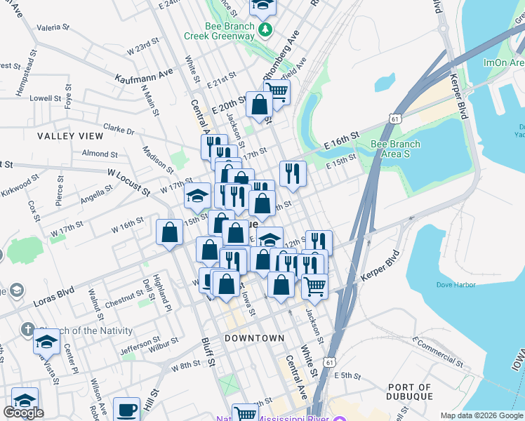 map of restaurants, bars, coffee shops, grocery stores, and more near 195 East 14th Street in Dubuque