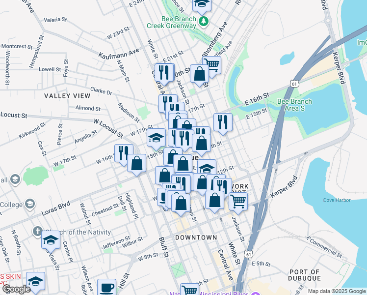 map of restaurants, bars, coffee shops, grocery stores, and more near 1460 Central Avenue in Dubuque