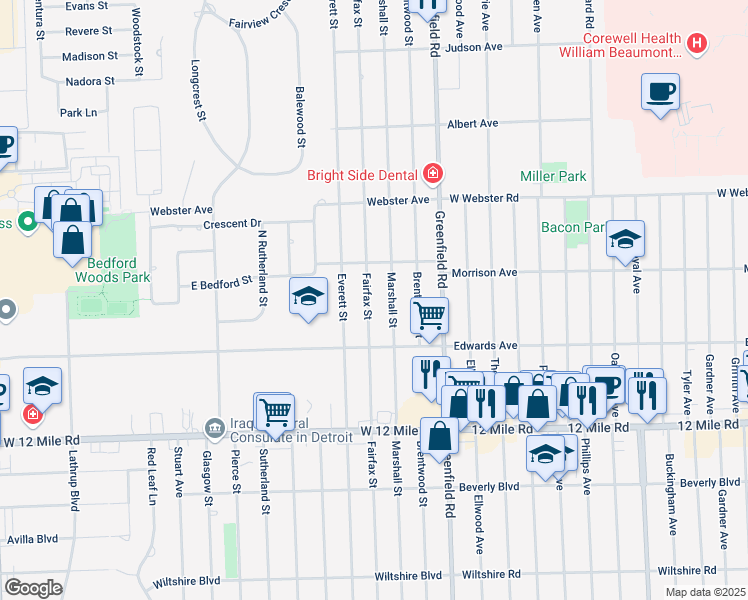 map of restaurants, bars, coffee shops, grocery stores, and more near 29560 Fairfax Street in Southfield