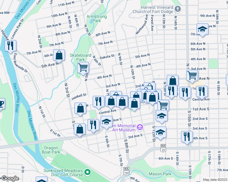map of restaurants, bars, coffee shops, grocery stores, and more near 130 North 8th Street in Fort Dodge