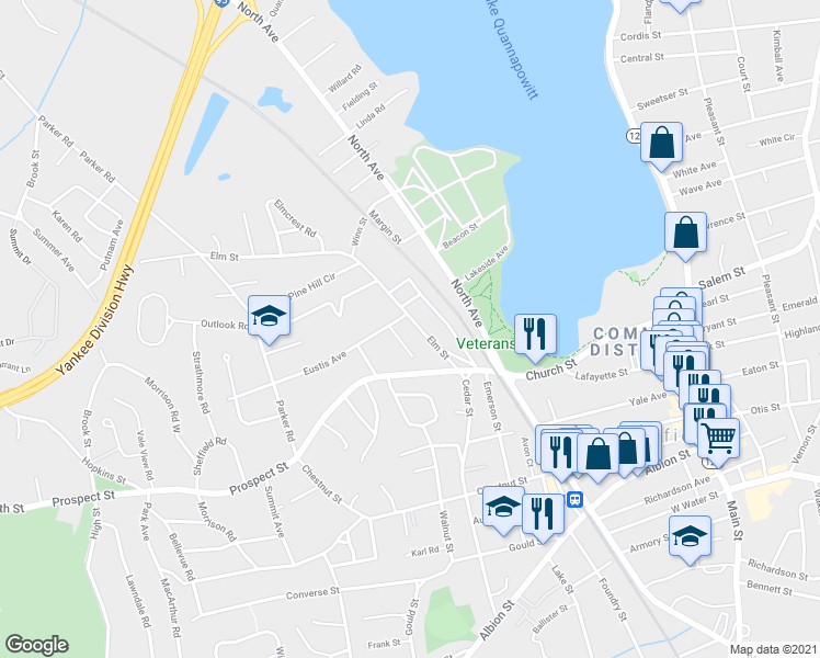 map of restaurants, bars, coffee shops, grocery stores, and more near 37 Elm Street in Wakefield