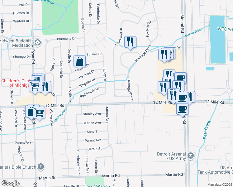 map of restaurants, bars, coffee shops, grocery stores, and more near 29069 Trailwood Drive in Warren
