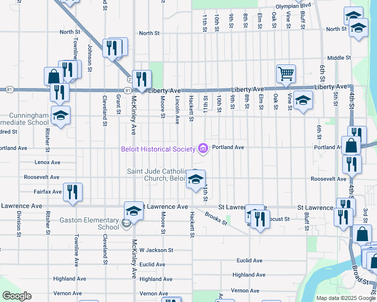 map of restaurants, bars, coffee shops, grocery stores, and more near 858 Hackett Street in Beloit